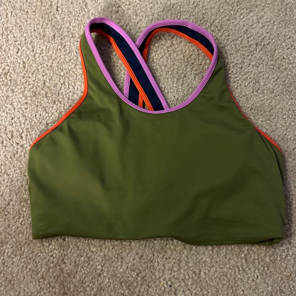 cotopaxi Olive Green Sports Bra with Pink and Orange Trim